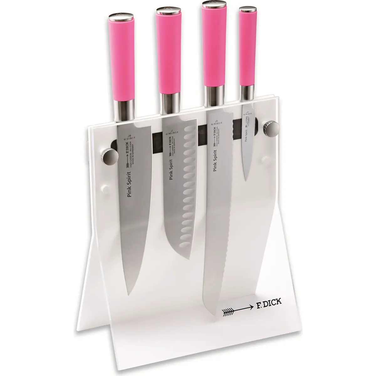 Der Friedr.Dick Pink Spirit Messerblock 4 tlg - pink beinhaltet vier stilvolle Küchenmesser mit rosa Griffen, die modernes Design und Funktionalität für Ihre Küche vereinen.