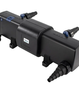 Das Oase Bitron C 36 W UVC-Vorklärgerät in schwarz, von Oase, verfügt über Schlauchanschlüsse und ein Netzkabel zur effektiven Wasserfiltration in Teichfilteranlagen, zur Bekämpfung von Schwebealgen.