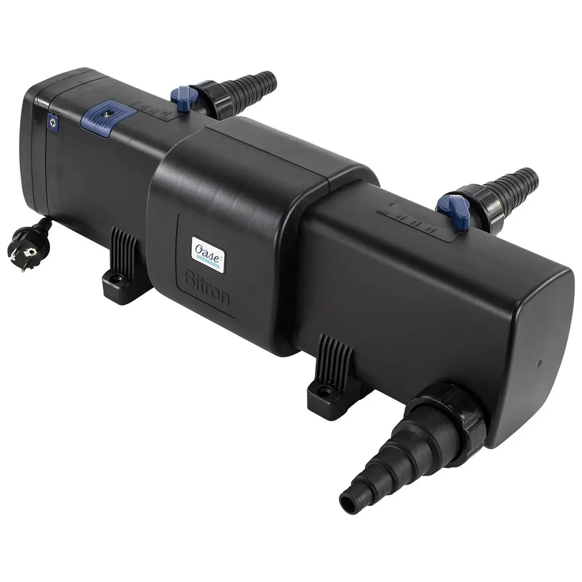 Das Oase Bitron C 36 W UVC-Vorklärgerät in schwarz, von Oase, verfügt über Schlauchanschlüsse und ein Netzkabel zur effektiven Wasserfiltration in Teichfilteranlagen, zur Bekämpfung von Schwebealgen.