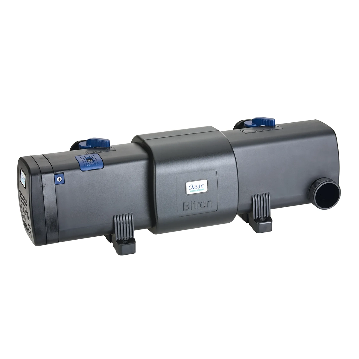 Das Oase Bitron C 55 W (56823) UVC-Vorklärgerät in schwarz, mit zwei Einstellrädern, Lüftungsschlitzen und Halterungen, sorgt für effiziente Teichwasseraufbereitung; Produkt von Oase auf weißem Hintergrund.
