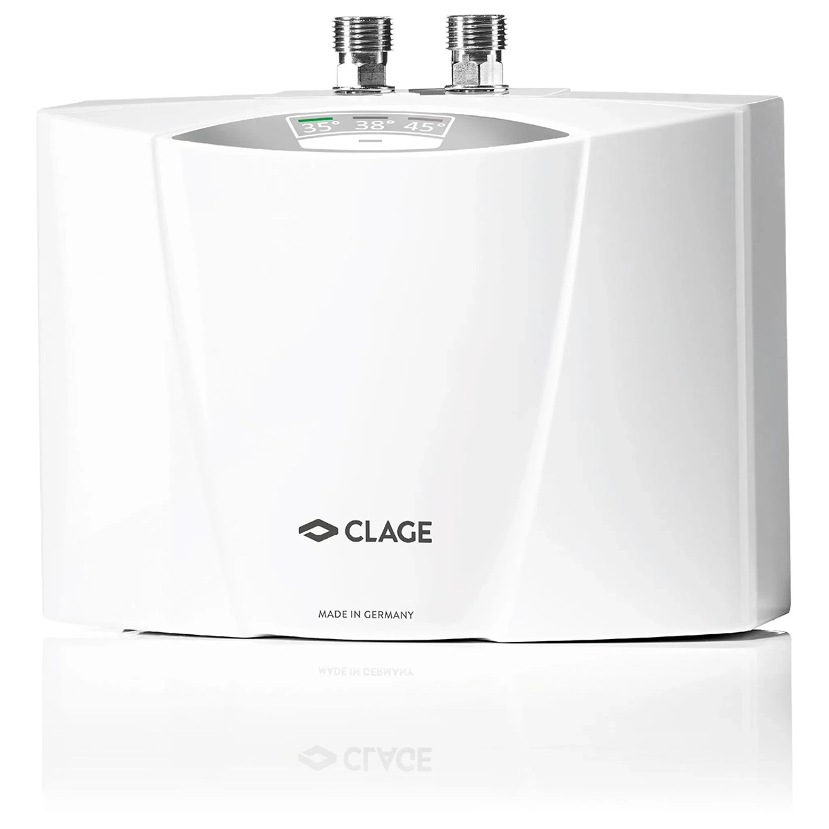 Der Clage MCX 3 Durchlauferhitzer in weiß ist ein kompakter Elektro-Tankless-Wassererhitzer mit Digitalanzeige und zwei oberen Rohranschlüssen für eine effiziente Warmwasserversorgung.