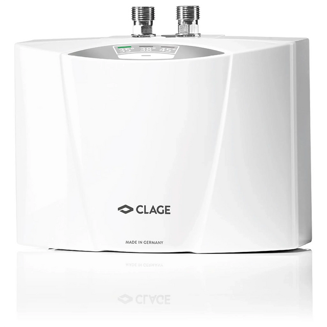 Der Clage MCX 3 Durchlauferhitzer in weiß ist ein kompakter Elektro-Tankless-Wassererhitzer mit Digitalanzeige und zwei oberen Rohranschlüssen für eine effiziente Warmwasserversorgung.