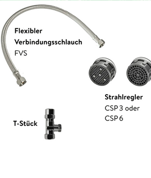 Flexibler Anschlussschlauch, zwei Perlatoren und ein T-Stück - jeweils mit deutscher Beschriftung - zum schnellen Anschluss an Ihren Clage MCX 3 Durchlauferhitzer (weiß) für eine effiziente Warmwasserversorgung.