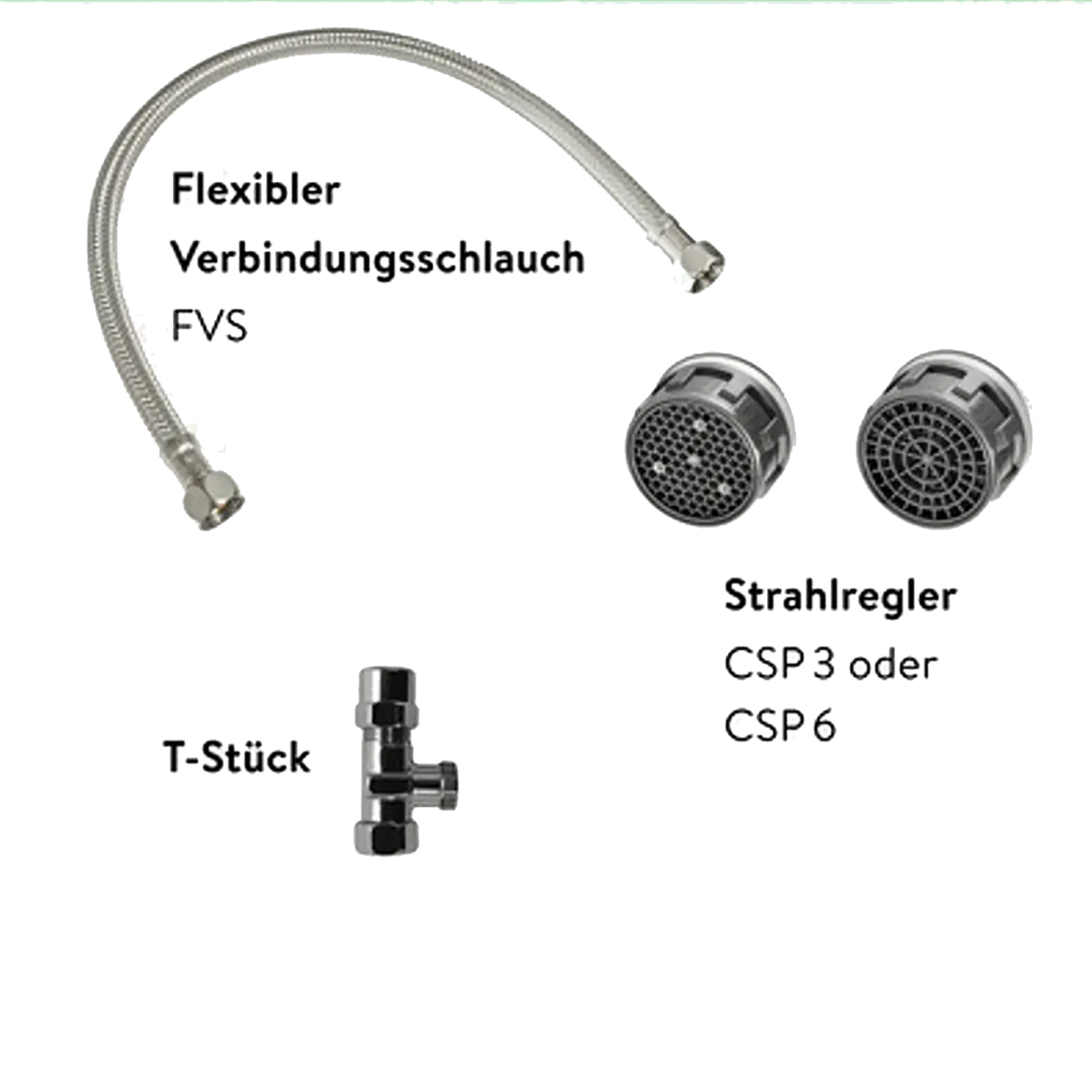 Flexibler Anschlussschlauch, zwei Perlatoren und ein T-Stück - jeweils mit deutscher Beschriftung - zum schnellen Anschluss an Ihren Clage MCX 3 Durchlauferhitzer (weiß) für eine effiziente Warmwasserversorgung.