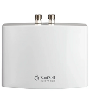Der SaniSelf KDE Kleindurchlauferhitzer – weiß ist ein kompakter elektronischer Durchlauferhitzer von SaniSelf mit zwei Metallrohranschlüssen an der Oberseite, hier von vorne gesehen. Er eignet sich ideal für die Warmwasserversorgung und ist perfekt für die Untertischmontage geeignet.