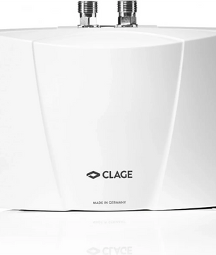 Der Clage MBH 6 Durchlauferhitzer – weiß verfügt über zwei Metallrohranschlüsse an der Oberseite und ist vor einem weißen Hintergrund abgebildet – ideal für eine effiziente Warmwasserversorgung auf kleinem Raum.