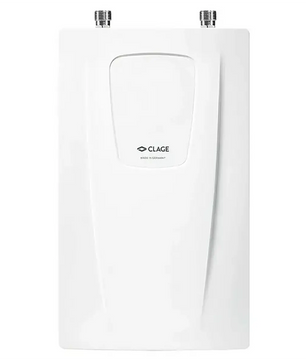Der CLAGE CDX 11-U Kompaktdurchlauferhitzer ist ein weißer, an der Wand montierter elektrischer Warmwasserbereiter mit zwei Metallanschlussrohren oben sowie dem zentral platzierten Clage-Logo – ideal als effizientes Untertischgerät für die Küche zur zuverlässigen Warmwasserversorgung.