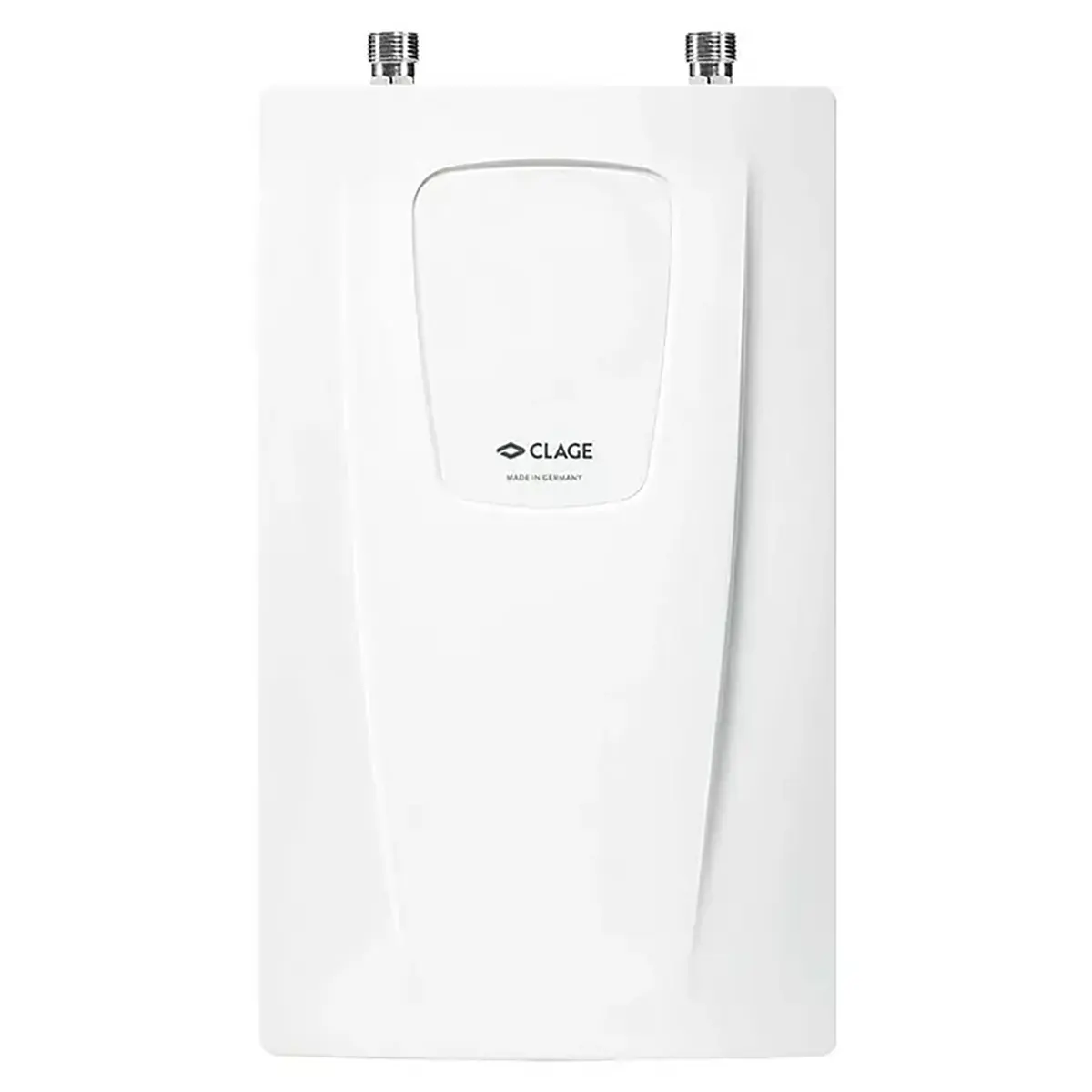 Der CLAGE CDX 11-U Kompaktdurchlauferhitzer ist ein weißer, an der Wand montierter elektrischer Warmwasserbereiter mit zwei Metallanschlussrohren oben sowie dem zentral platzierten Clage-Logo – ideal als effizientes Untertischgerät für die Küche zur zuverlässigen Warmwasserversorgung.
