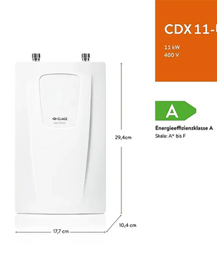 Weißer Clage CLAGE CDX 11-U Kompakt-Durchlauferhitzer mit angegebenen Abmessungen und Energieeffizienzklasse A, präsentiert als ideale Lösung für eine effiziente Warmwasserversorgung oder als zuverlässiges Untertischgerät.