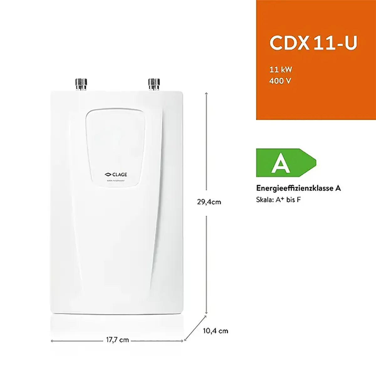 Weißer Clage CLAGE CDX 11-U Kompakt-Durchlauferhitzer mit angegebenen Abmessungen und Energieeffizienzklasse A, präsentiert als ideale Lösung für eine effiziente Warmwasserversorgung oder als zuverlässiges Untertischgerät.