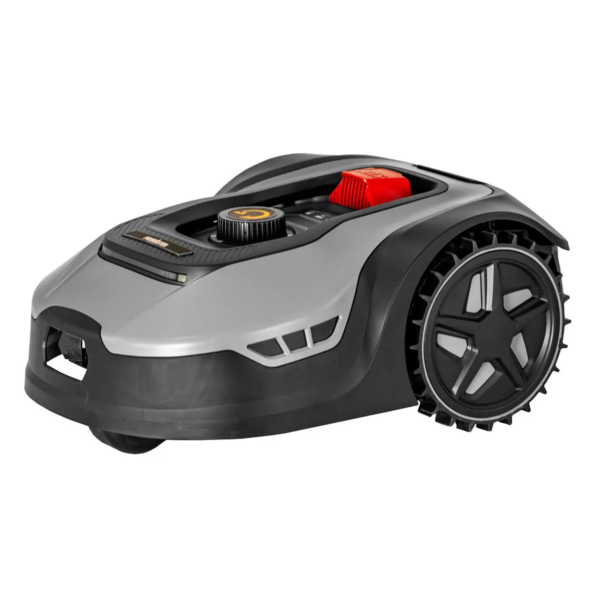 Der Primaster PMROM Rasenmähroboter in grau von Primaster überzeugt mit großen Hinterrädern sowie roten und gelben Tasten auf der Oberseite - ideal für mühelose Rasenpflege.