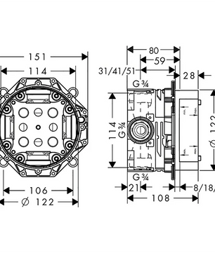 Technische Zeichnung eines mechanischen Bauteils, das speziell für das hansgrohe iBox Universal Unterputzsystem – grün – entwickelt wurde und Maßangaben sowie beschriftete Durchmesser sowohl in der Draufsicht als auch in der Seitenansicht enthält. Ideal für die Installation von Unterputzarmaturen und kompatibel mit der Integration in Systeme von hansgrohe.