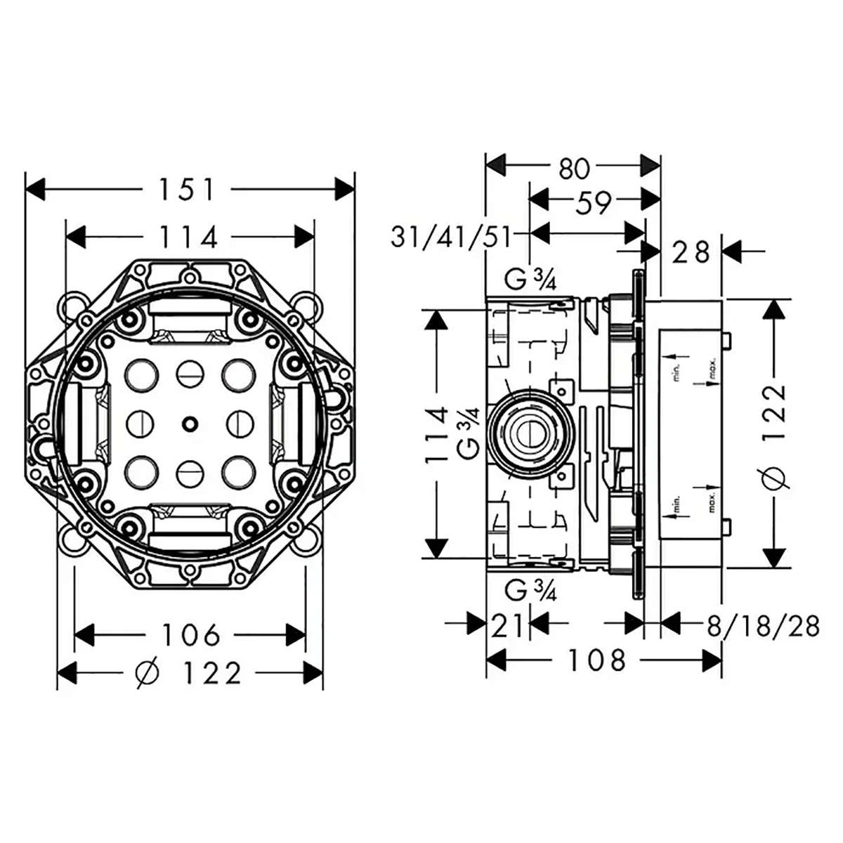 Technische Zeichnung eines mechanischen Bauteils, das speziell für das hansgrohe iBox Universal Unterputzsystem – grün – entwickelt wurde und Maßangaben sowie beschriftete Durchmesser sowohl in der Draufsicht als auch in der Seitenansicht enthält. Ideal für die Installation von Unterputzarmaturen und kompatibel mit der Integration in Systeme von hansgrohe.