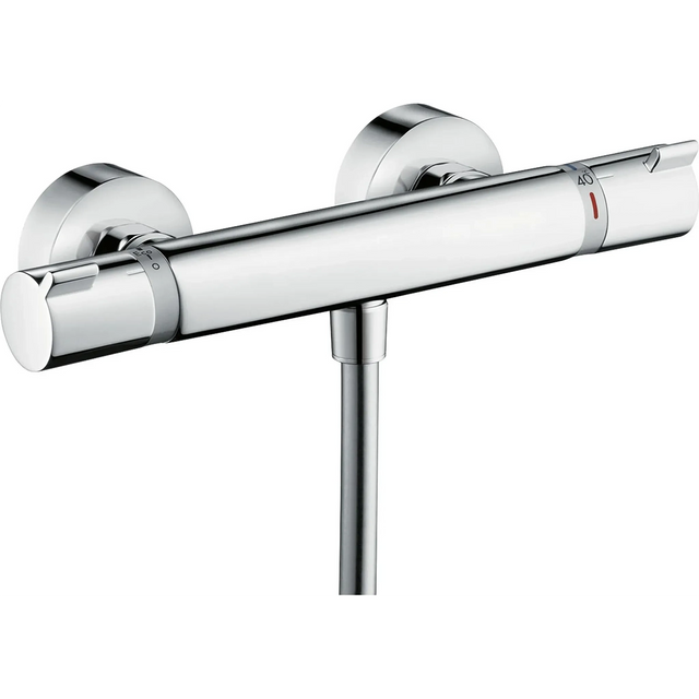 Wandmontierte, verchromte Thermostat-Duscharmatur mit zwei runden Bedienelementen, ausgestattet mit dem eleganten hansgrohe Ecostat Comfort Brausethermostat in Silber von hansgrohe.