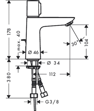 Technisches Diagramm der hansgrohe Talis Select E 110 Waschtischarmatur - crome, mit Abmessungen und Winkelangaben in Millimetern und Grad, mit glatter Chromoberfläche.