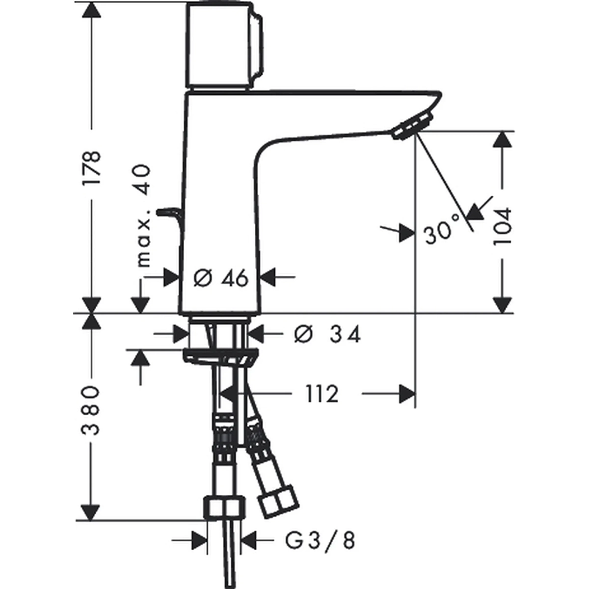 Technisches Diagramm der hansgrohe Talis Select E 110 Waschtischarmatur - crome, mit Abmessungen und Winkelangaben in Millimetern und Grad, mit glatter Chromoberfläche.