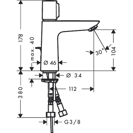 Technisches Diagramm der hansgrohe Talis Select E 110 Waschtischarmatur - crome, mit Abmessungen und Winkelangaben in Millimetern und Grad, mit glatter Chromoberfläche.