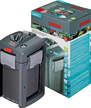 Der EHEIM professionel 4+ 350 Außenfilter – grau von EHEIM wird zusammen mit seiner auffälligen Produktverpackung gezeigt, die mit lebendigen Aquarienmotiven und ausführlichen Produktdetails verziert ist.