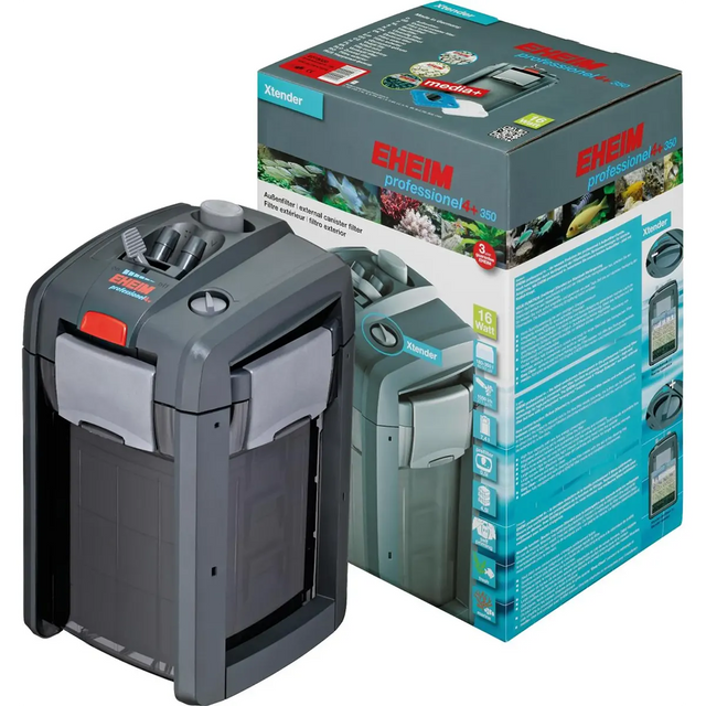 Der EHEIM professionel 4+ 350 Außenfilter – grau von EHEIM wird zusammen mit seiner auffälligen Produktverpackung gezeigt, die mit lebendigen Aquarienmotiven und ausführlichen Produktdetails verziert ist.
