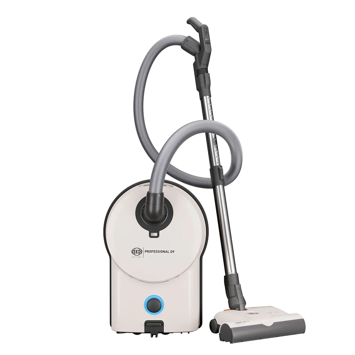 Der SEBO Professional D9 Bodenstaubsauger in Weiß verfügt über einen grauen Schlauch und einen Metallstiel und steht aufrecht vor einem weißen Hintergrund – ideal für eine effektive Teppichreinigung.