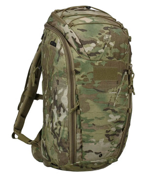 Der Rucksack „Tasmanian Tiger Modular Pack 30“ – Multicam von Tasmanian verfügt über ein Tarnmuster, mehrere Fächer, gepolsterte Schultergurte und ein MOLLE-System zur vielseitigen Befestigung von Ausrüstung.