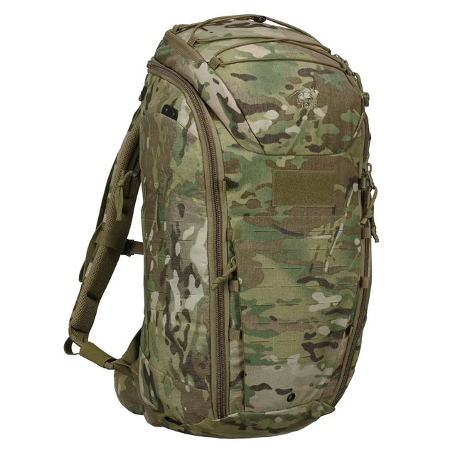Der Rucksack „Tasmanian Tiger Modular Pack 30“ – Multicam von Tasmanian verfügt über ein Tarnmuster, mehrere Fächer, gepolsterte Schultergurte und ein MOLLE-System zur vielseitigen Befestigung von Ausrüstung.