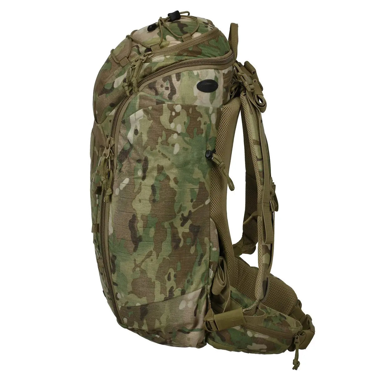Tasmanian Tiger Modular Pack 30 Rucksack – Multicam von Tasmanian, mit gepolsterten Trägern, MOLLE-System und zahlreichen Fächern, hier von der Seite gesehen.