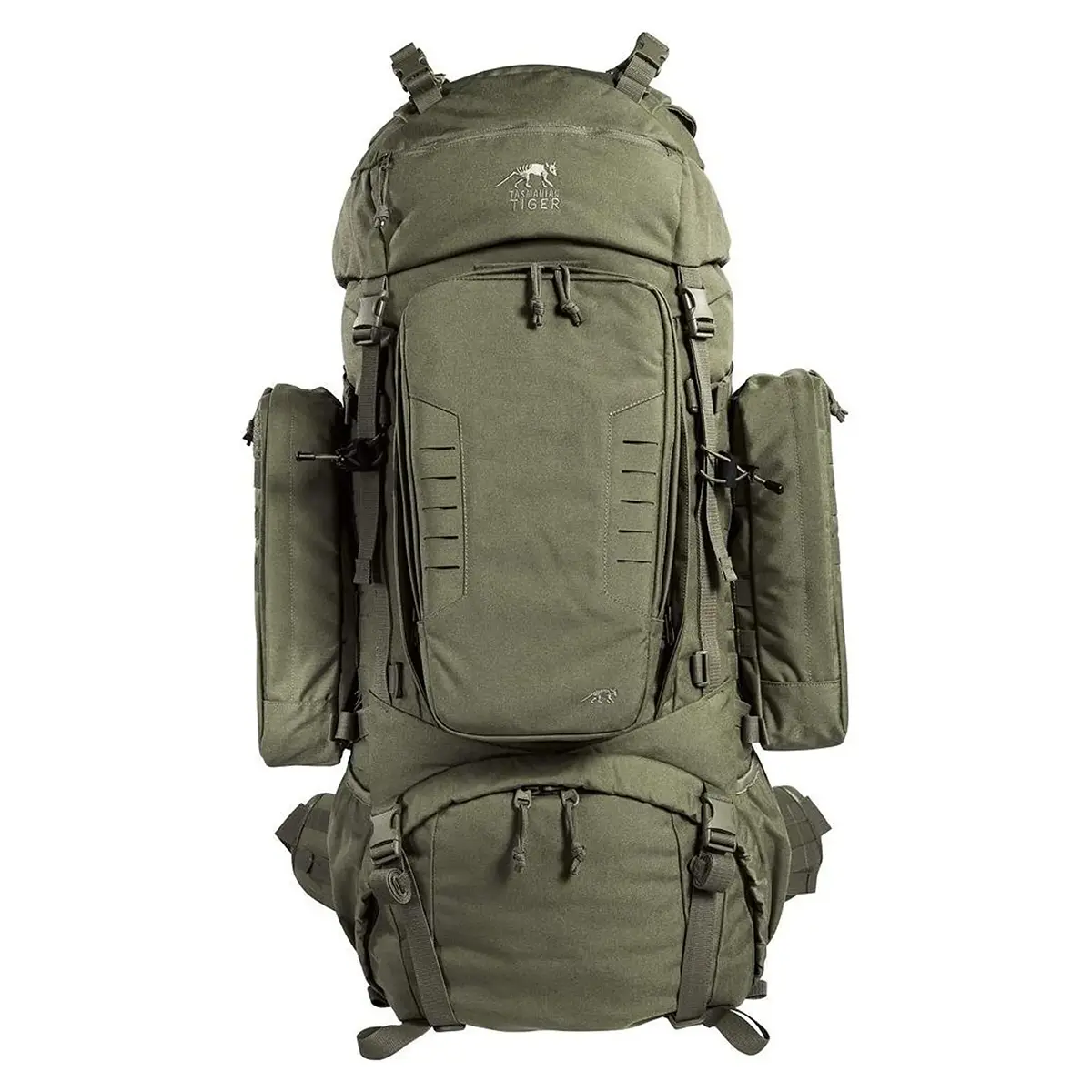 Großer „Tasmanian Tiger TT Range Pack MK II“-Hauptrucksack in Grün mit zahlreichen Fächern und Seitentaschen – ideal für Bushcraft; Vorderansicht.