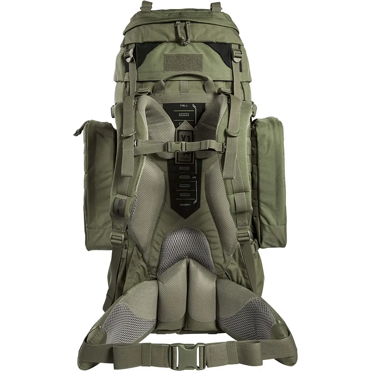 Tasmanian Tiger TT Range Pack MK II Hauptrucksack – grün von Tasmanian, hier von hinten gesehen, mit gepolsterten Trägern, zahlreichen Taschen, verstellbaren Gurten und einem modularen Design für vielseitige Aufbewahrungsmöglichkeiten beim Wandern.