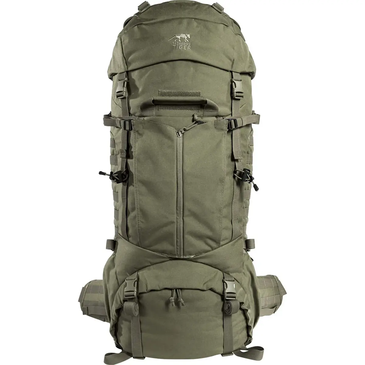 Der „Tasmanian Tiger Pathfinder MK II Rucksack – grün“ von Tasmanian ist ein großer, olivgrüner Rucksack mit zahlreichen Riemen, Taschen und Schnallen, der für Outdoor-Touren und längere Einsätze konzipiert ist. Abgebildet ist er aufrecht stehend vor einem weißen Hintergrund.