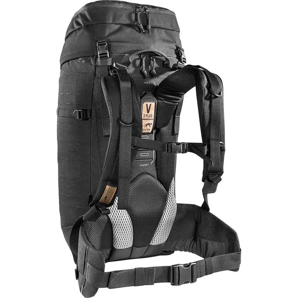 Der Rucksack „Tasmanian TT Modular Pack 45 Plus“ in Schwarz von Tasmanian verfügt über gepolsterte Schultergurte, ein Netz-Rückenteil, einen verstellbaren Hüftgurt und ein vielseitiges MOLLE-System zum Befestigen von zusätzlicher Ausrüstung. Abgebildet von hinten.