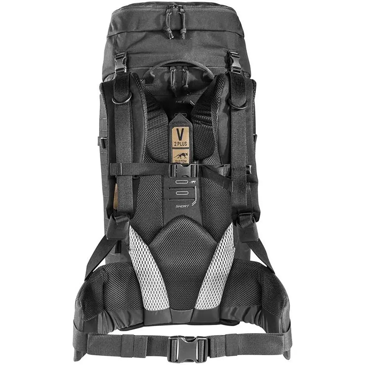 Der Rucksack „Tasmanian Tiger TT Modular Pack 45 Plus“ in Schwarz ist hier von hinten zu sehen. Zu erkennen sind die gepolsterten Träger, ein belüftetes Tragesystem und ein MOLLE-System für modulare Konfigurationen.