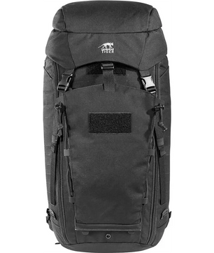 Rucksack „Tasmanian Tiger TT Modular Pack 45 Plus“ von Tasmanian in Schwarz, mit zahlreichen Riemen, Fächern und einem MOLLE-System für modulare Befestigungen, hier von vorne gesehen.