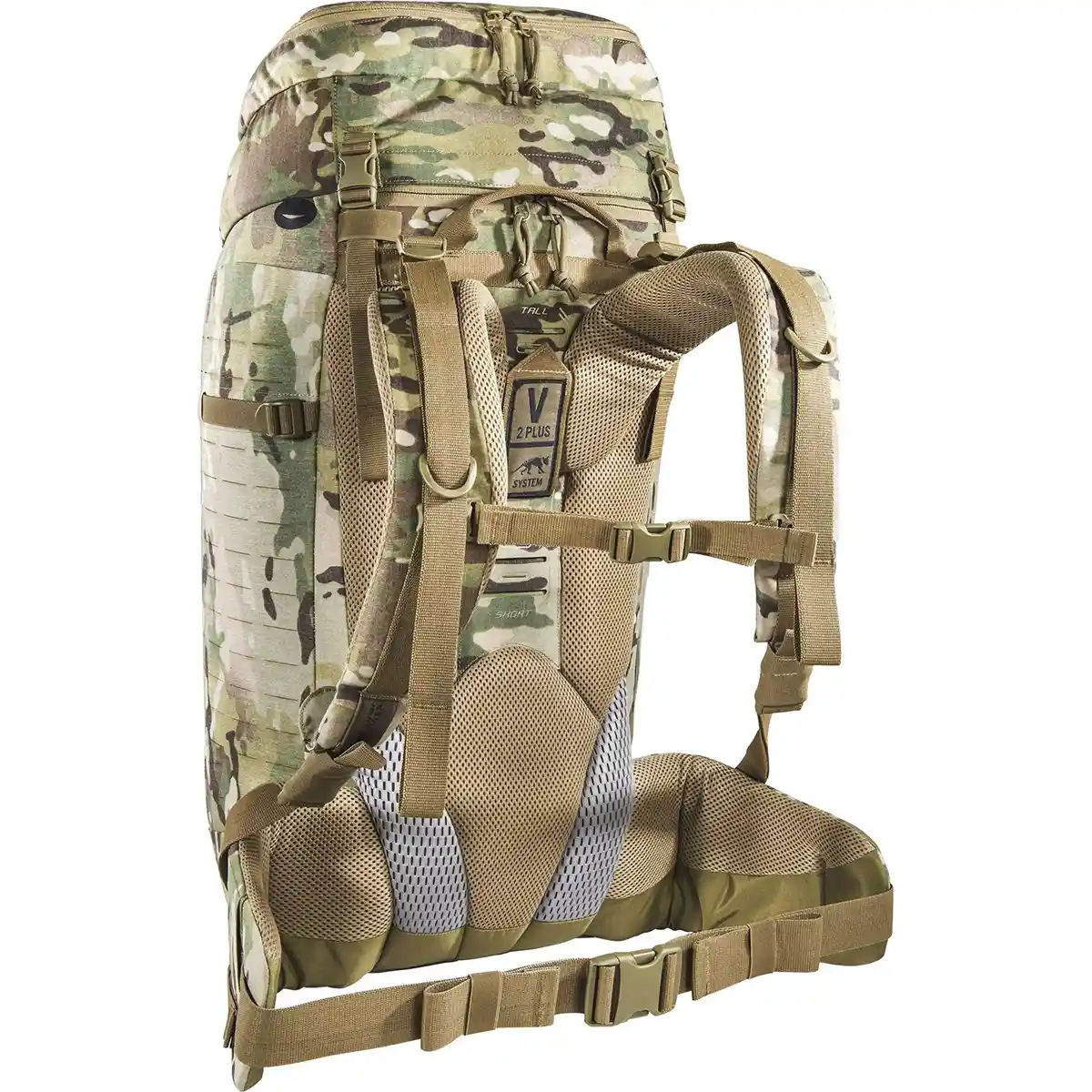 Militärrucksack im Camo-Design mit gepolsterten Schultergurten, Rückenstütze und zahlreichen Verstellriemen – wie der Tasmanian TT Modular Pack 45 Plus Rucksack – Multicam.