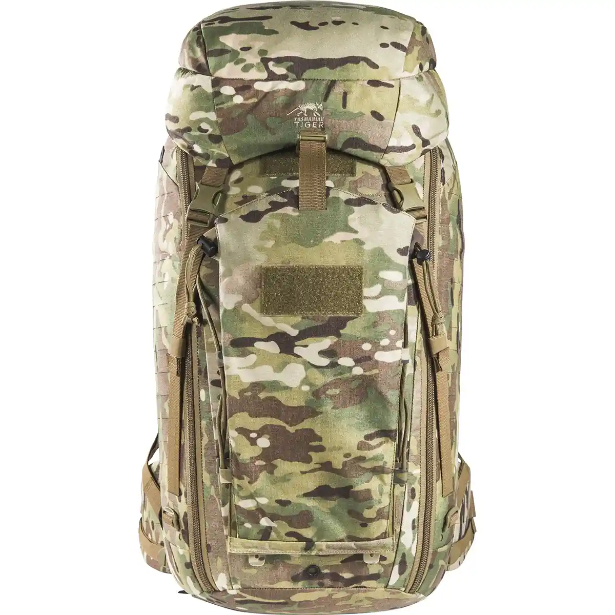 Der Rucksack „Tasmanian Tiger TT Modular Pack 45 Plus“ in Multicam-Optik von Tasmanian verfügt über zahlreiche Reißverschlüsse und Fächer und ist hier von vorne abgebildet.
