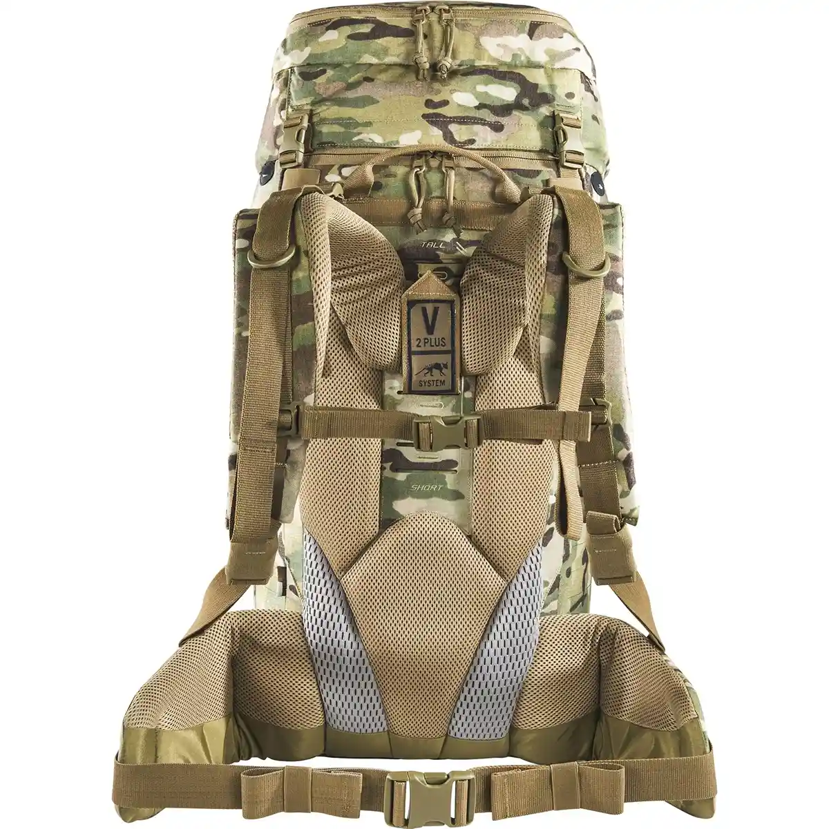 Der Rucksack „Tasmanian Tiger TT Modular Pack 45 Plus“ – Multicam, von Tasmanian, ist hier von hinten abgebildet. Er besteht aus strapazierfähigem 500-Den-Cordura und verfügt über gepolsterte Schultergurte sowie eine atmungsaktive Rückenstütze aus Mesh.