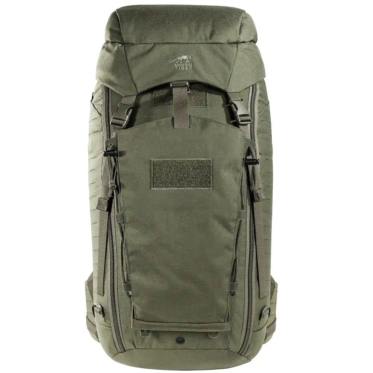 Der Rucksack „Tasmanian Tiger TT Modular Pack 45 Plus“ in Grün verfügt über zahlreiche Fächer, Reißverschlüsse, Schnallen und ein MOLLE-System – ideal für eine übersichtliche Aufbewahrung und vielseitigen taktischen Einsatz.