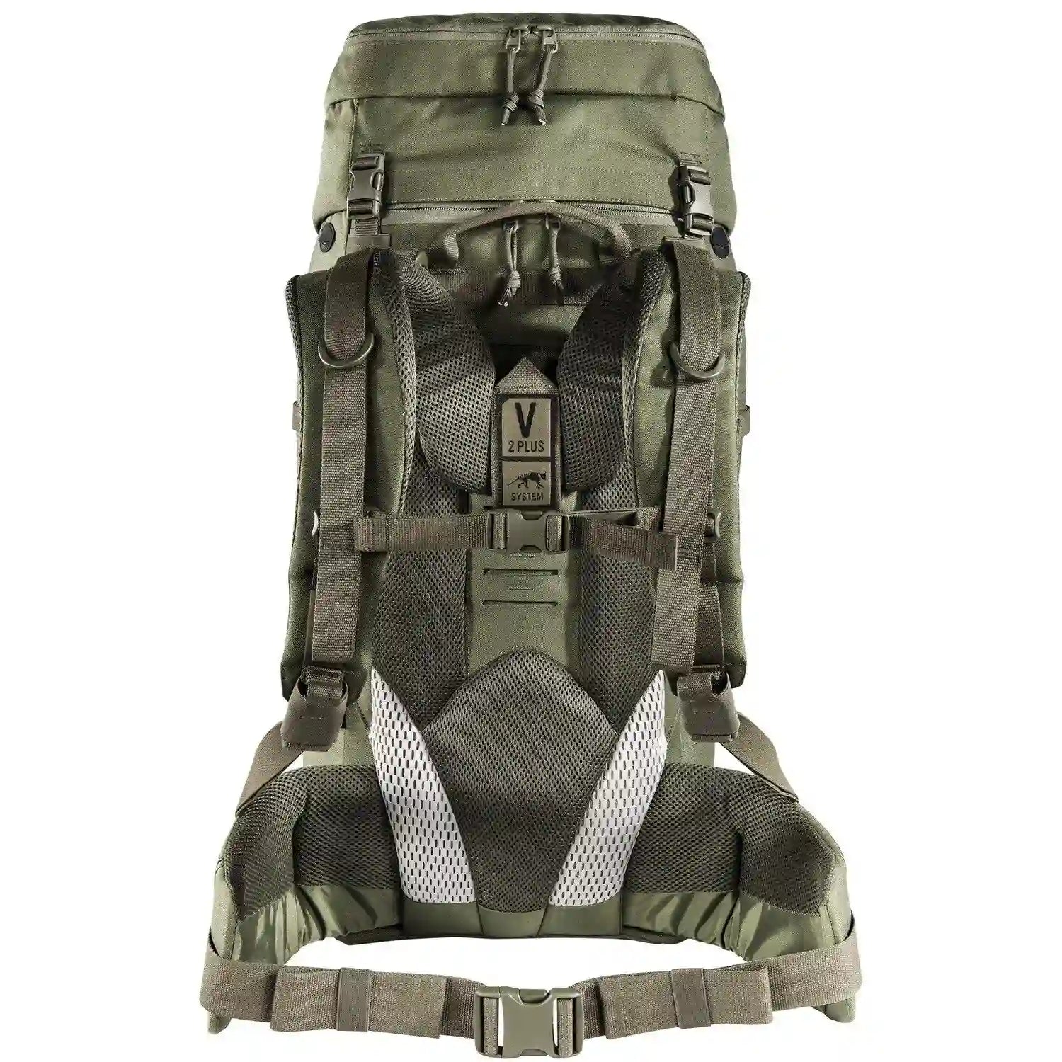 Der Rucksack „Tasmanian Tiger TT Modular Pack 45 Plus“ in Grün verfügt über gepolsterte Schultergurte, einen Hüftgurt, Mesh-Einsätze und ein MOLLE-System – ideal als Einsatzrucksack oder vielseitiger Begleiter für jedes Abenteuer.