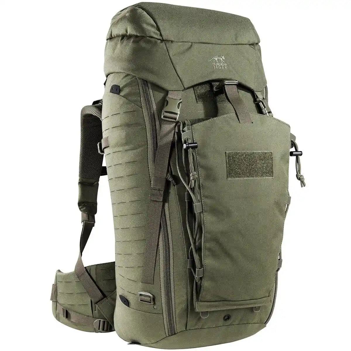 Der Rucksack „Tasmanian Tiger TT Modular Pack 45 Plus“ in Grün von Tasmanian verfügt über mehrere Fächer, MOLLE-System-Gurte und einen gepolsterten Hüftgurt – ideal, um Ausrüstung sicher zu transportieren.