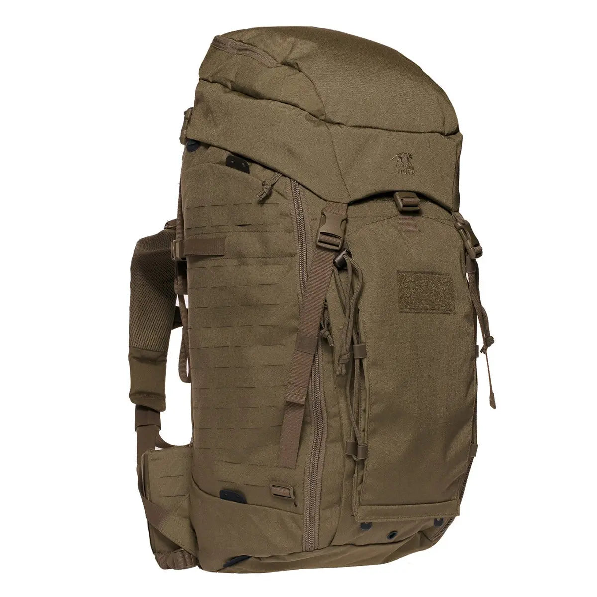 Der tasmanische TT Modular Pack 45 Plus Rucksack in Braun verfügt über gepolsterte Schultergurte, zahlreiche Gurte, externe Befestigungspunkte und ein MOLLE-System – ideal für den taktischen Einsatz oder als Einsatzrucksack.