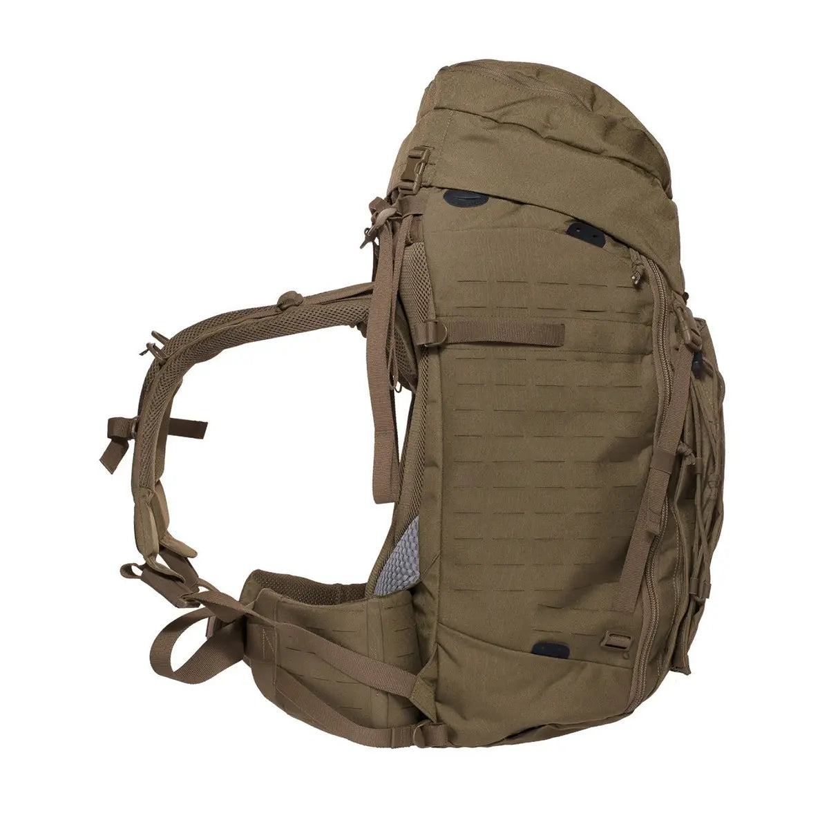 Der Rucksack „Tasmanian Tiger TT Modular Pack 45 Plus“ in Braun verfügt über gepolsterte Träger, mehrere Fächer und ein MOLLE-System, hier von der Seite gesehen.