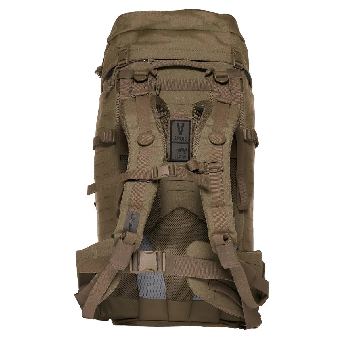 Der Rucksack „Tasmanian Tiger TT Modular Pack 45 Plus“ in Braun von Tasmanian verfügt über gepolsterte Schultergurte, eine Rückenstütze, mehrere Verstellschnallen und ein MOLLE-System zur vielseitigen Befestigung von Ausrüstung.