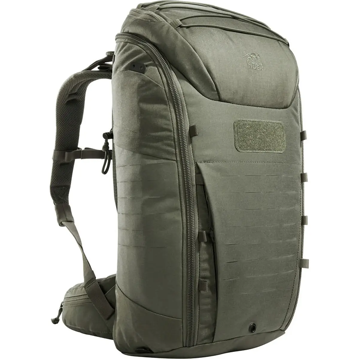 Der Rucksack „Tasmanian Tiger TT Modular Pack 30 IRR“ in Grau/Grün von Tasmanian verfügt über mehrere Reißverschlüsse, gepolsterte Träger, ein robustes Design und ein vielseitiges MOLLE-System – ideal für alle Ihre Anforderungen an einen taktischen Rucksack.