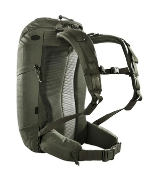 Tasmanian Tiger TT Modular Pack 30 IRR Rucksack – grau/grün, mit gepolsterten Trägern, Netzrückenpartie, Hüftgurt und MOLLE-System von Tasmanian, von der Seite gesehen.