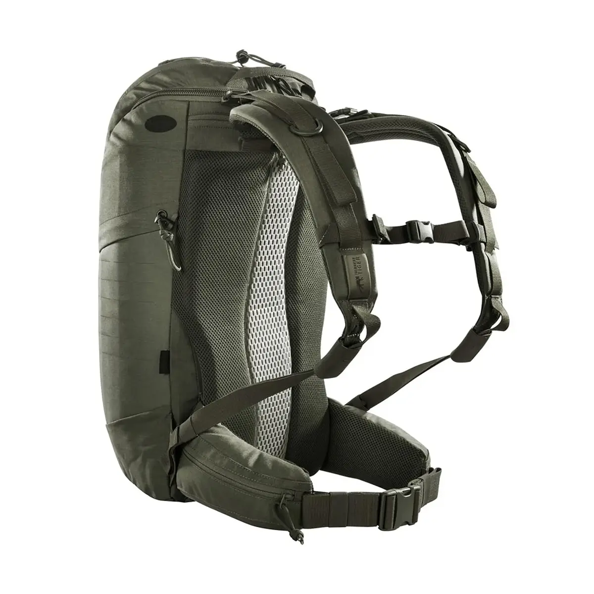 Tasmanian Tiger TT Modular Pack 30 IRR Rucksack – grau/grün, mit gepolsterten Trägern, Netzrückenpartie, Hüftgurt und MOLLE-System von Tasmanian, von der Seite gesehen.