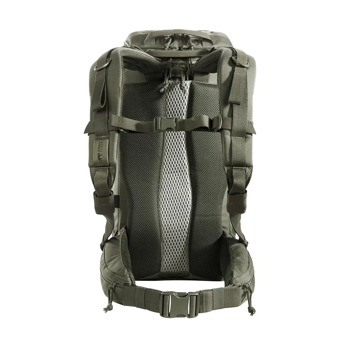 Der Rucksack „Tasmanian Tiger TT Modular Pack 30 IRR“ in Grau/Grün ist hier von hinten zu sehen. Zu erkennen sind die gepolsterten Schultergurte, ein belüftetes Mesh-Einsatz und ein vielseitiges MOLLE-System zum Befestigen von Ausrüstung.