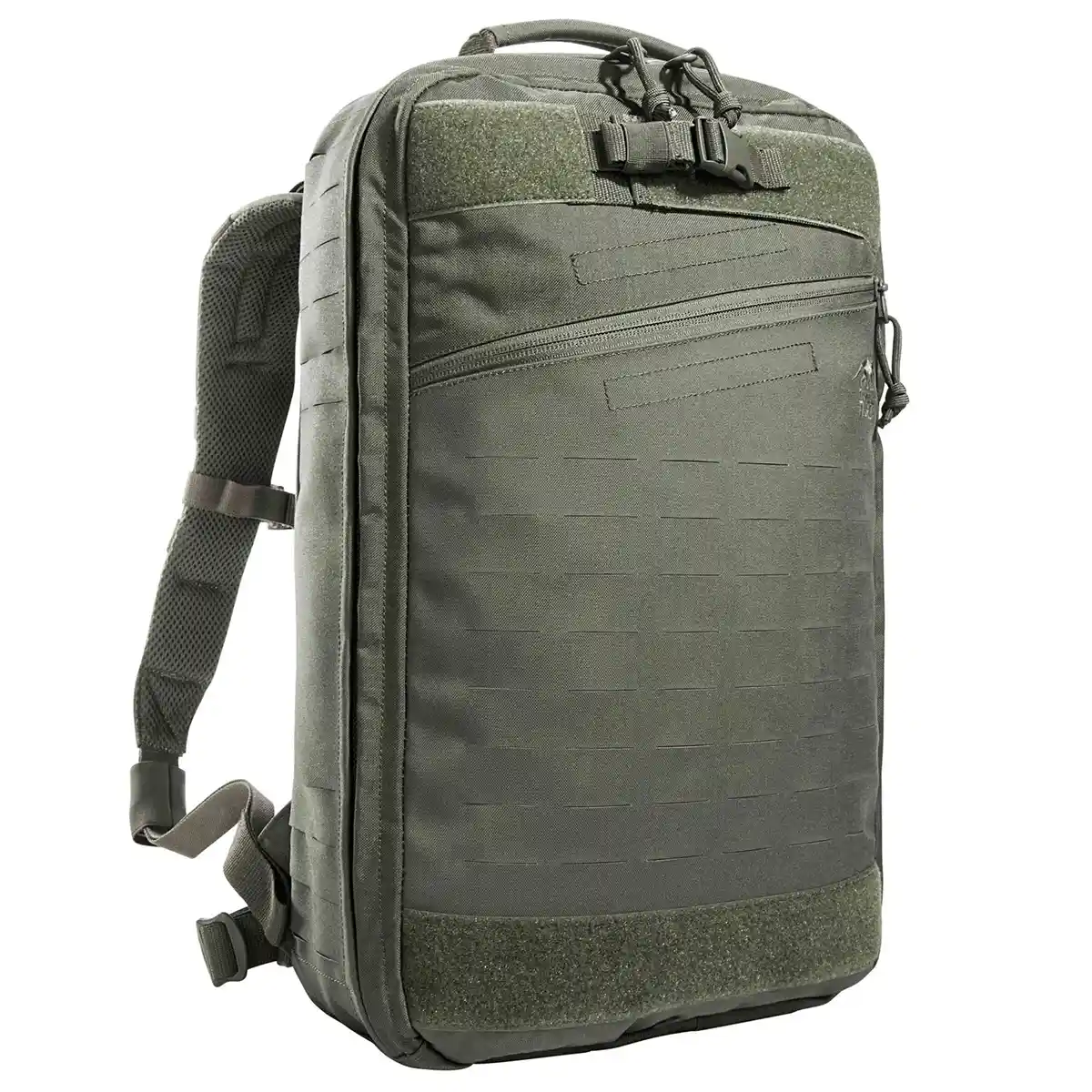 Der „Tasmanian Tiger Medic Assault Pack L MKII IRR“-Rucksack von Tasmanian ist ein grüner taktischer Rucksack mit gepolsterten Trägern, einer Fronttasche mit Reißverschluss und MOLLE-Gurtband – ideal, um medizinische Ausrüstung sicher und effizient zu transportieren.