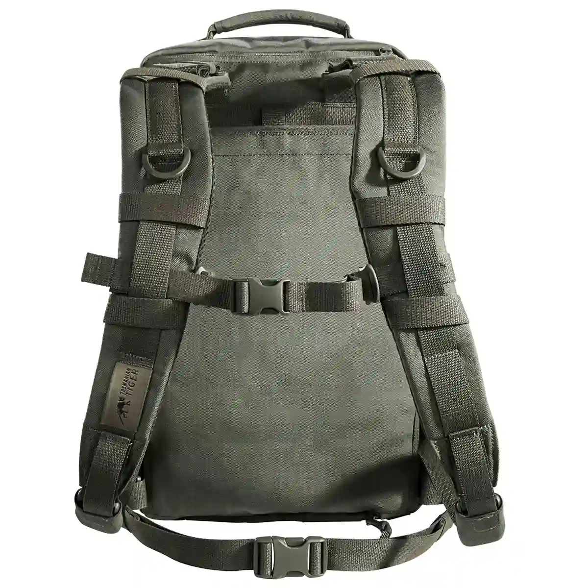Der Rucksack „Tasmanian Tiger Medic Assault Pack L MKII IRR“ von Tasmanian in Grün ist hier von hinten zu sehen, mit gepolsterten Trägern und verstellbaren Schnallen – ideal für den sicheren Transport von medizinischer Ausrüstung.
