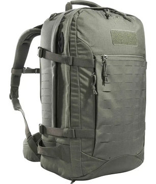 Der Rucksack „Tasmanian Tiger TT Mission Pack MKII IRR“ in Grau von Tasmanian verfügt über mehrere Reißverschlüsse, Tragegriffe und verstellbare Gurte – ideal für taktische Ausrüstung, abgebildet auf weißem Hintergrund.