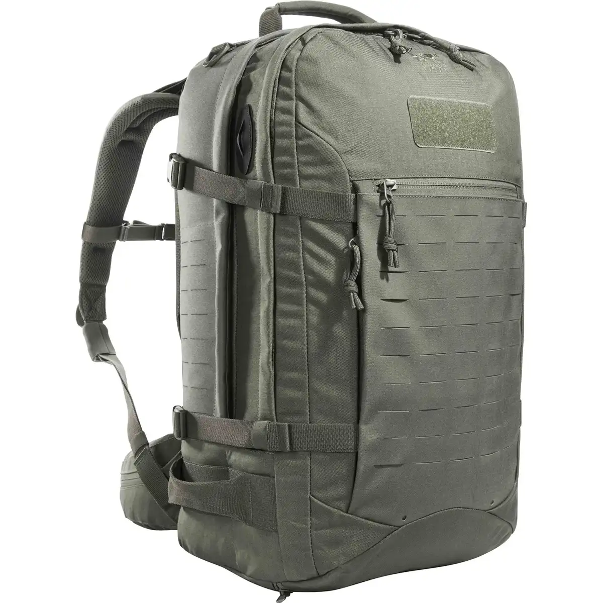 Der Rucksack „Tasmanian Tiger TT Mission Pack MKII IRR“ in Grau von Tasmanian verfügt über mehrere Reißverschlüsse, Tragegriffe und verstellbare Gurte – ideal für taktische Ausrüstung, abgebildet auf weißem Hintergrund.